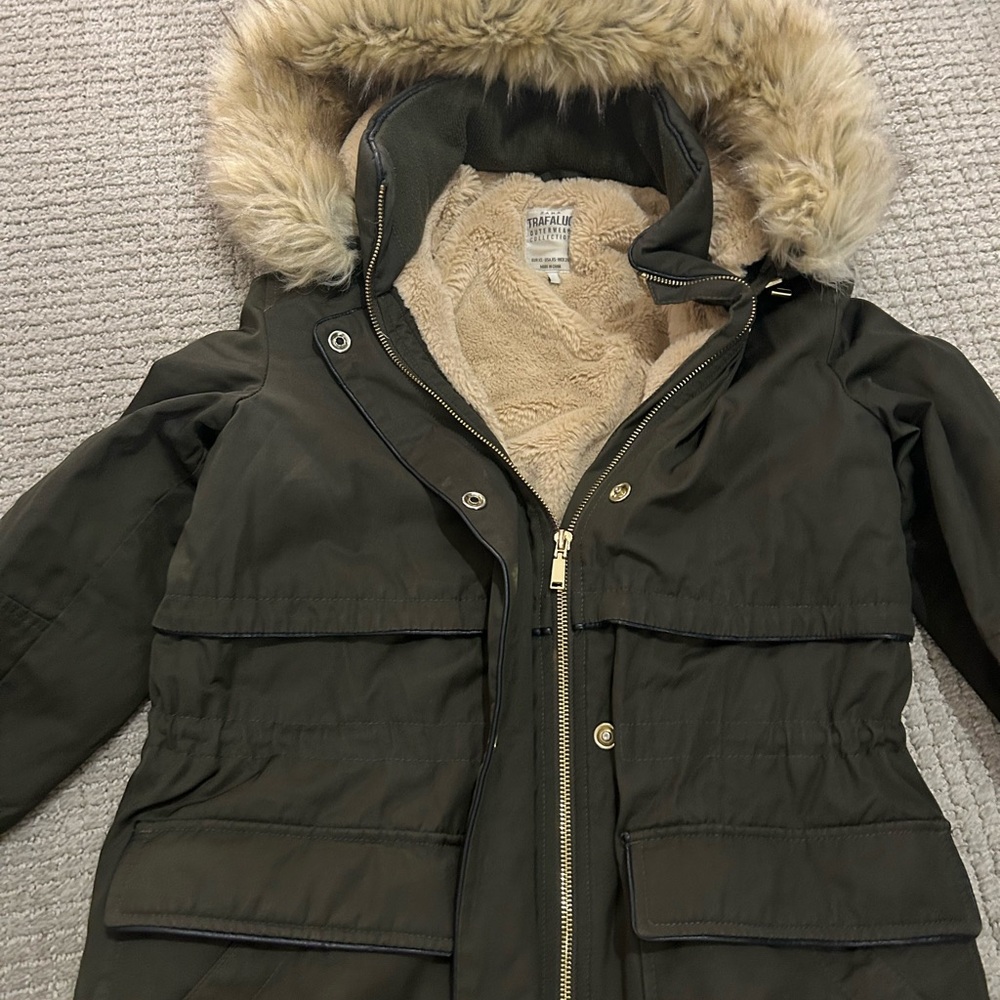 Zara Dark Green Utility Jacket with Faux Fur Hood